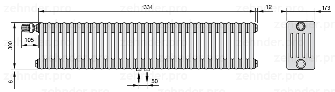 Схема (чертеж) Радиатор Zehnder Charleston 5030/29 №V007 Белый глянцевый RAL 9016